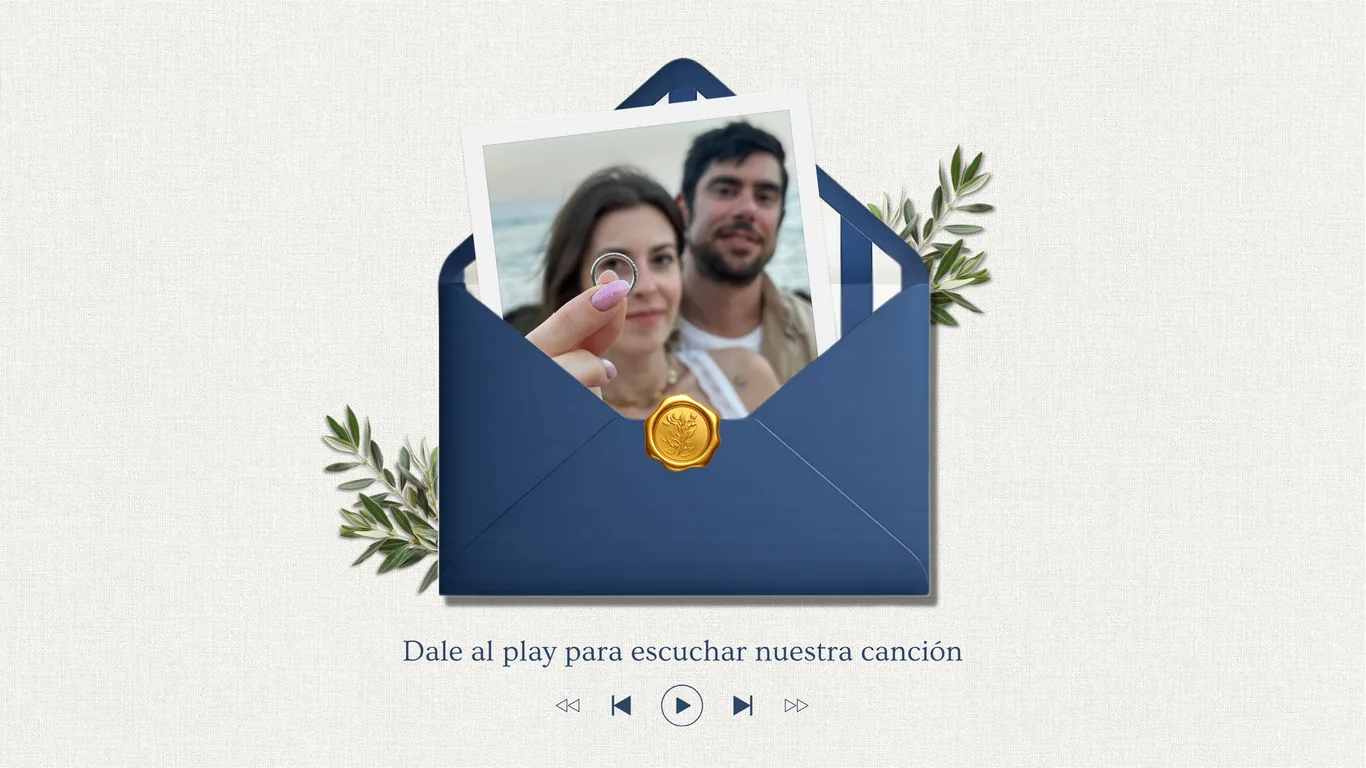 Sobre abierto con una polaroid de Daniel y Olga. Dale al play para escuchar nuestra canción.