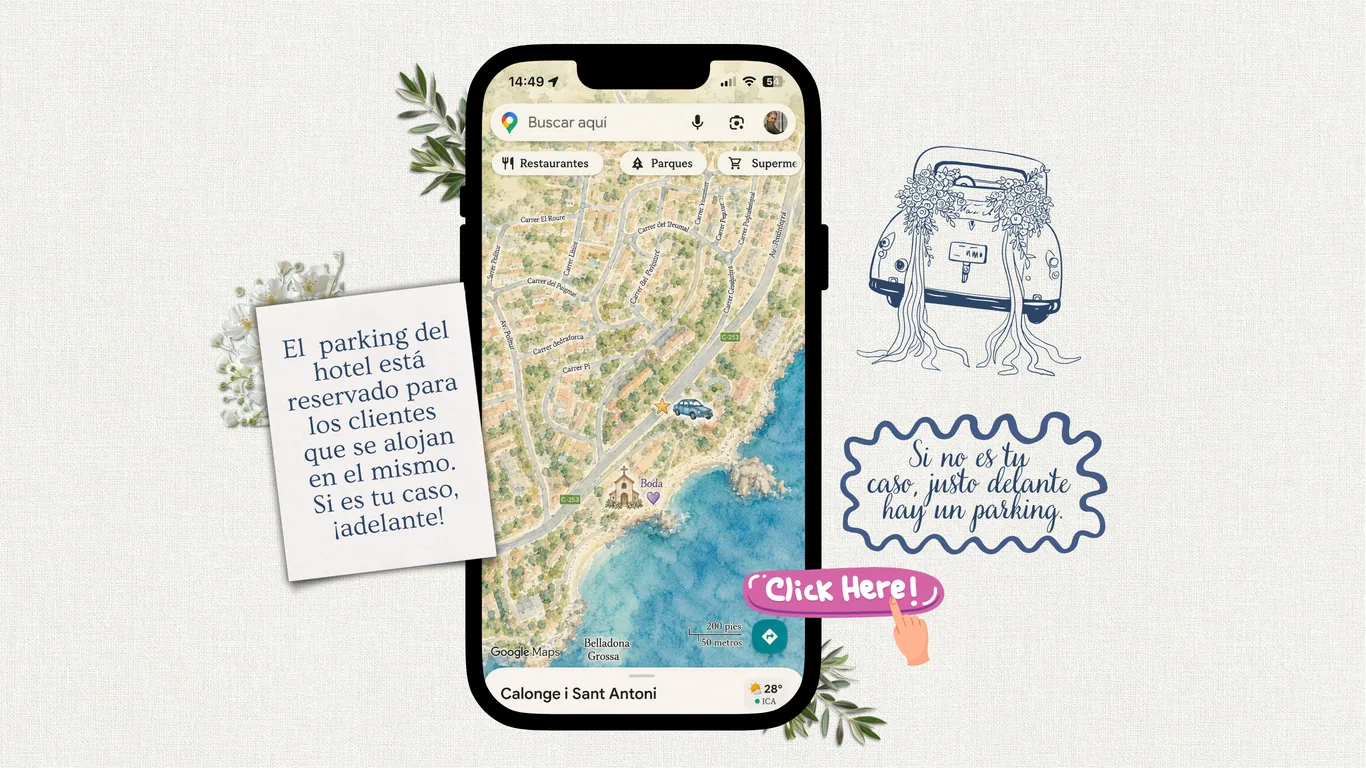 Mapa de la zona y nota: el parking del hotel está reservado para los clientes que se alojan en el mismo. Si no es tu caso, justo delante hay un parking.