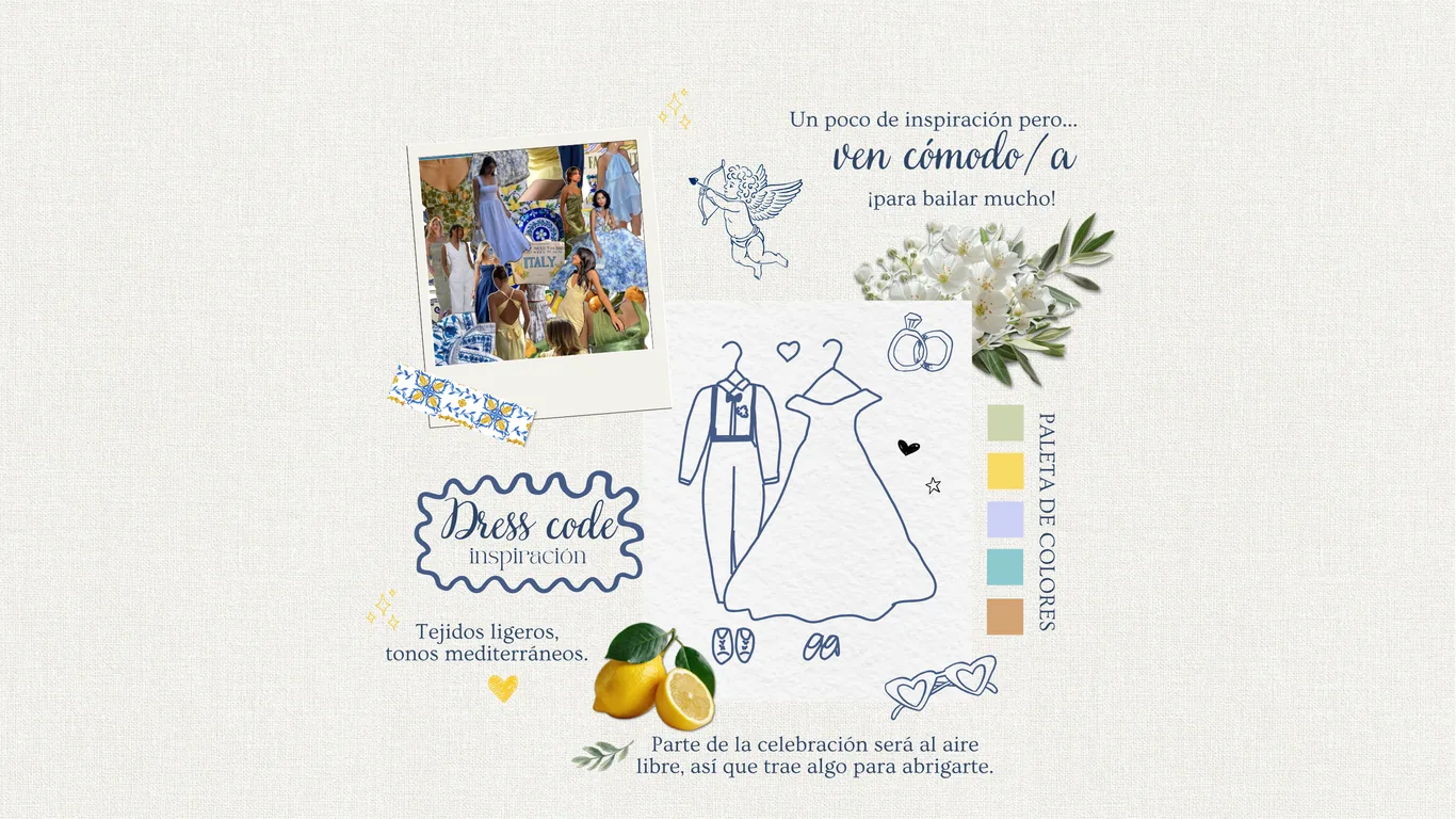 Dress code inspiración: ven cómodo/a, para bailar mucho. Tejidos ligeros, tonos mediterráneos. Paleta de colores en verde oliva, amarillo, lila, turquesa y terracota.